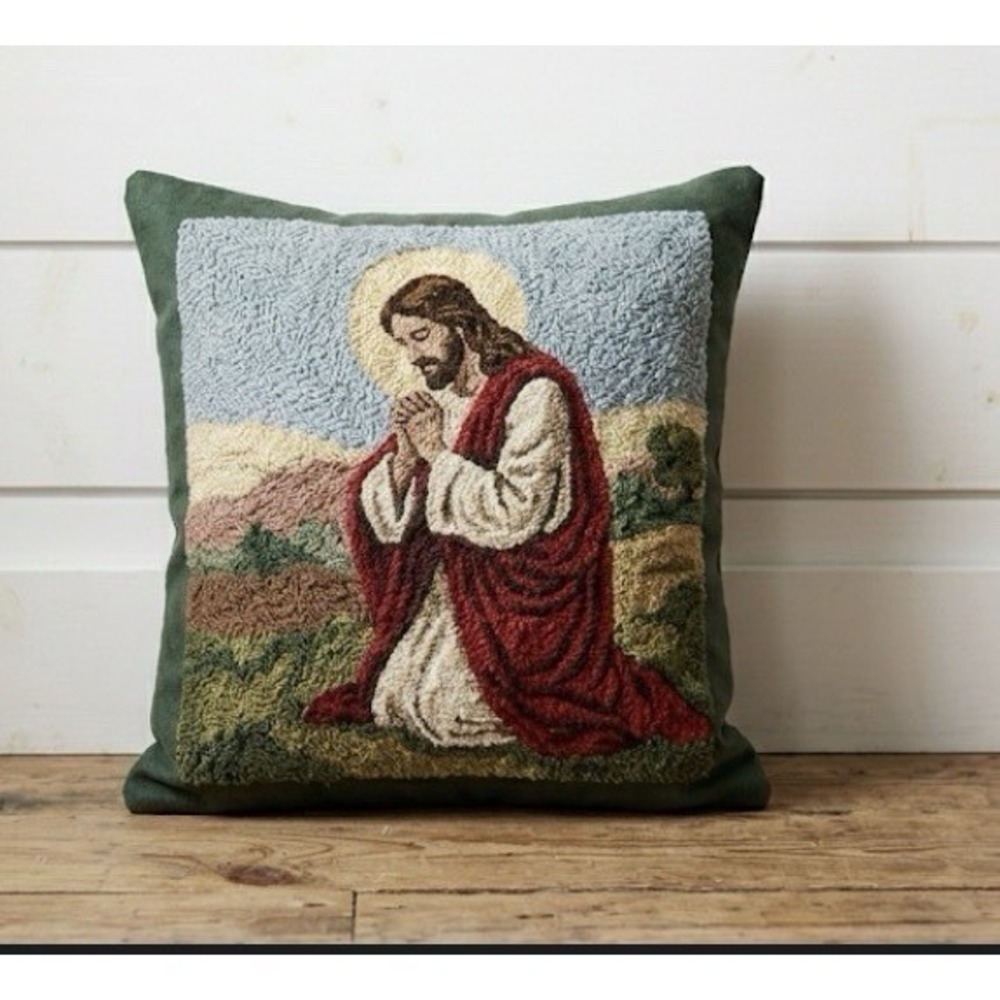 Vtg Antique Two Sided Punch Needle Throw Pillow Jesus Kneeling Religious Cottage